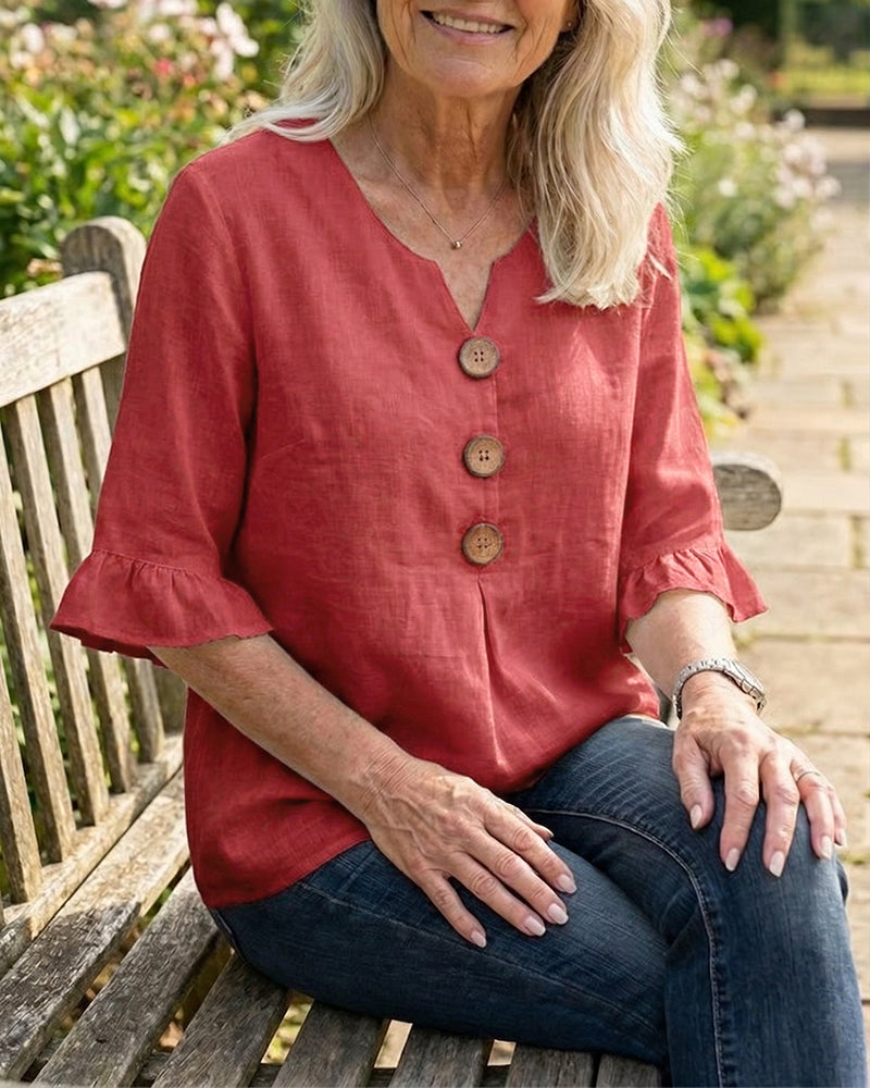 Sophia Blouses with Wooden Buttons and Ruffles