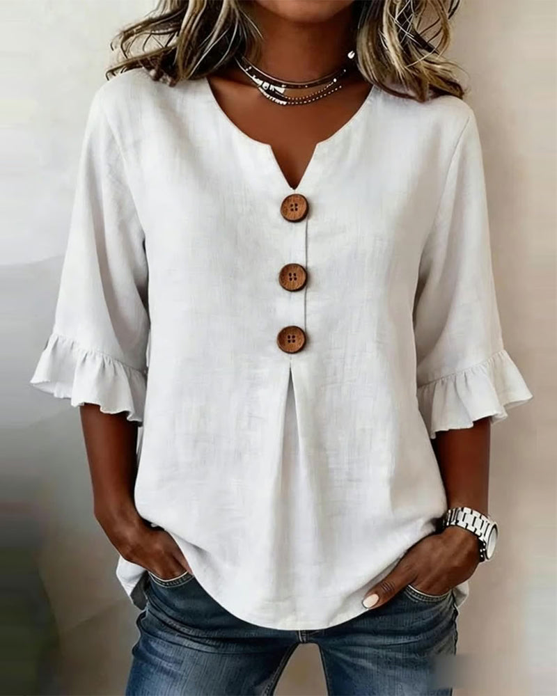 Sophia Blouses with Wooden Buttons and Ruffles