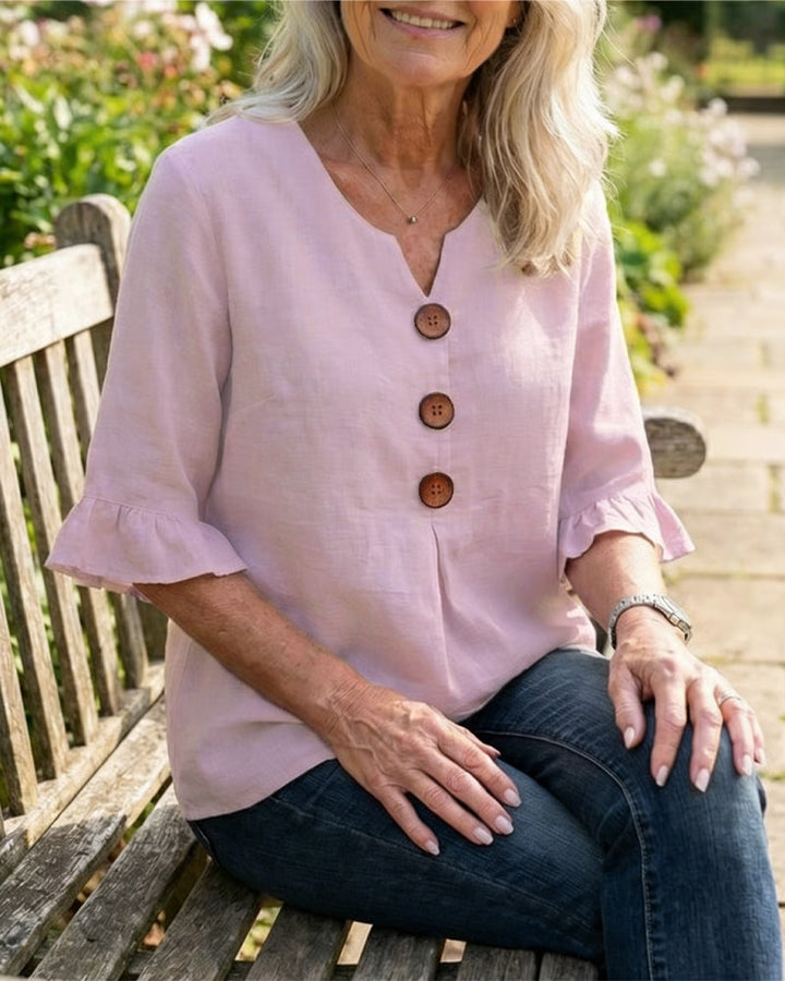 Sophia Blouses with Wooden Buttons and Ruffles