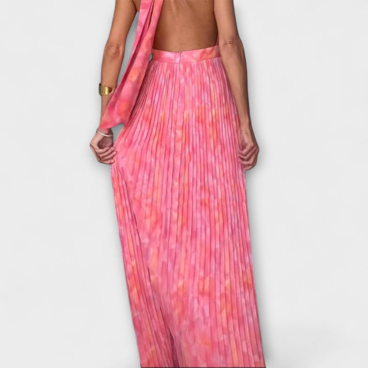 Seraphina – Elegant Halter Dress with V-Neck and Pleats