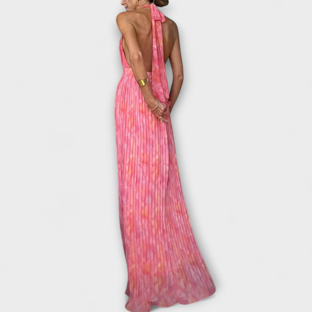Seraphina – Elegant Halter Dress with V-Neck and Pleats