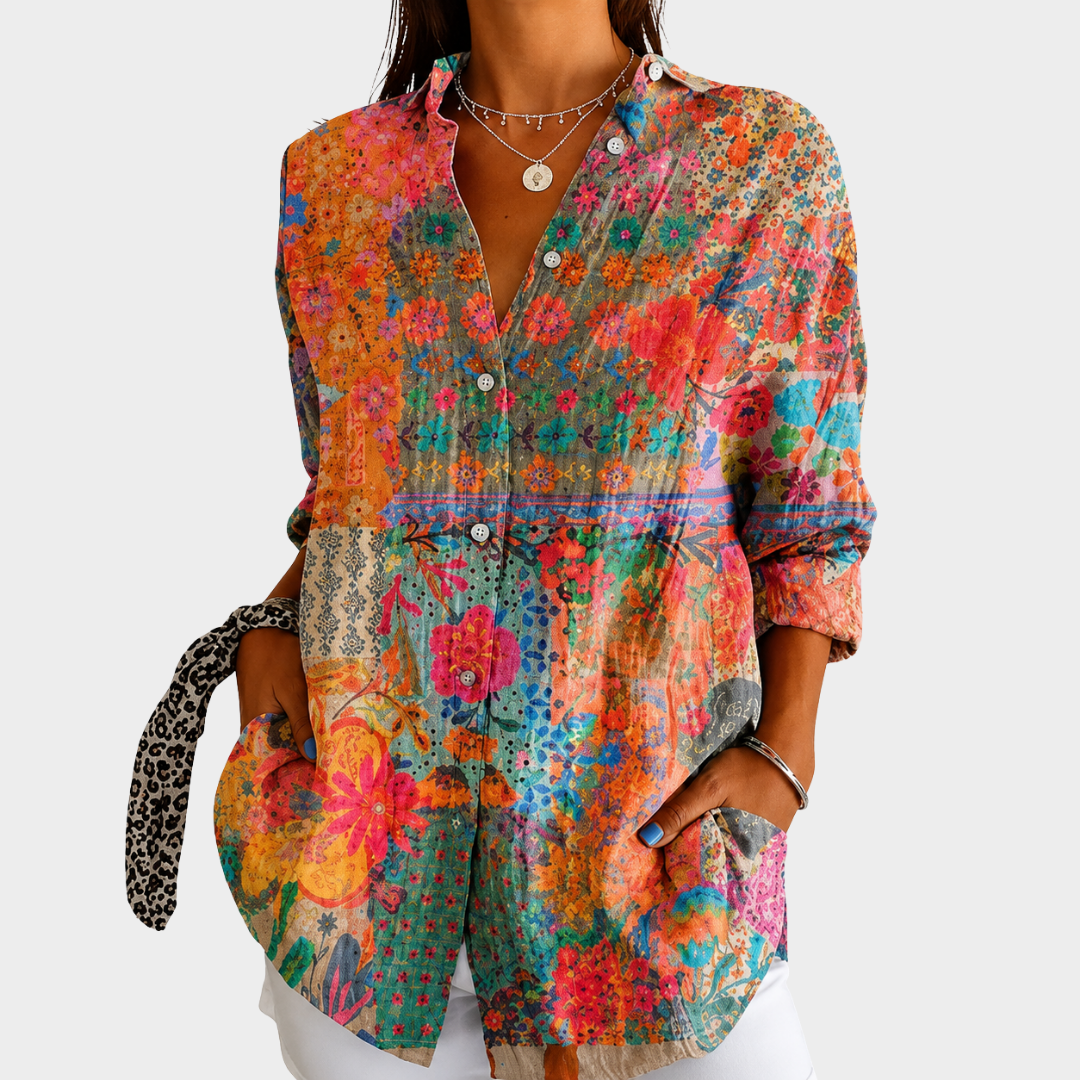 Sunlit Wildflower Patchwork Button-Front Blouse
