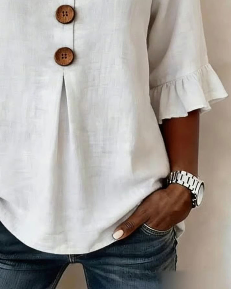 Sophia Blouses with Wooden Buttons and Ruffles