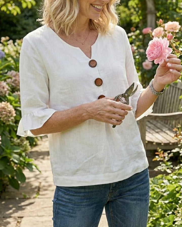Sophia Blouses with Wooden Buttons and Ruffles