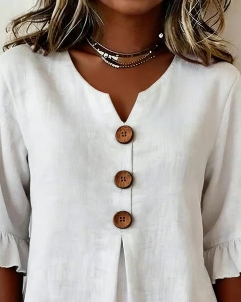 Sophia Blouses with Wooden Buttons and Ruffles