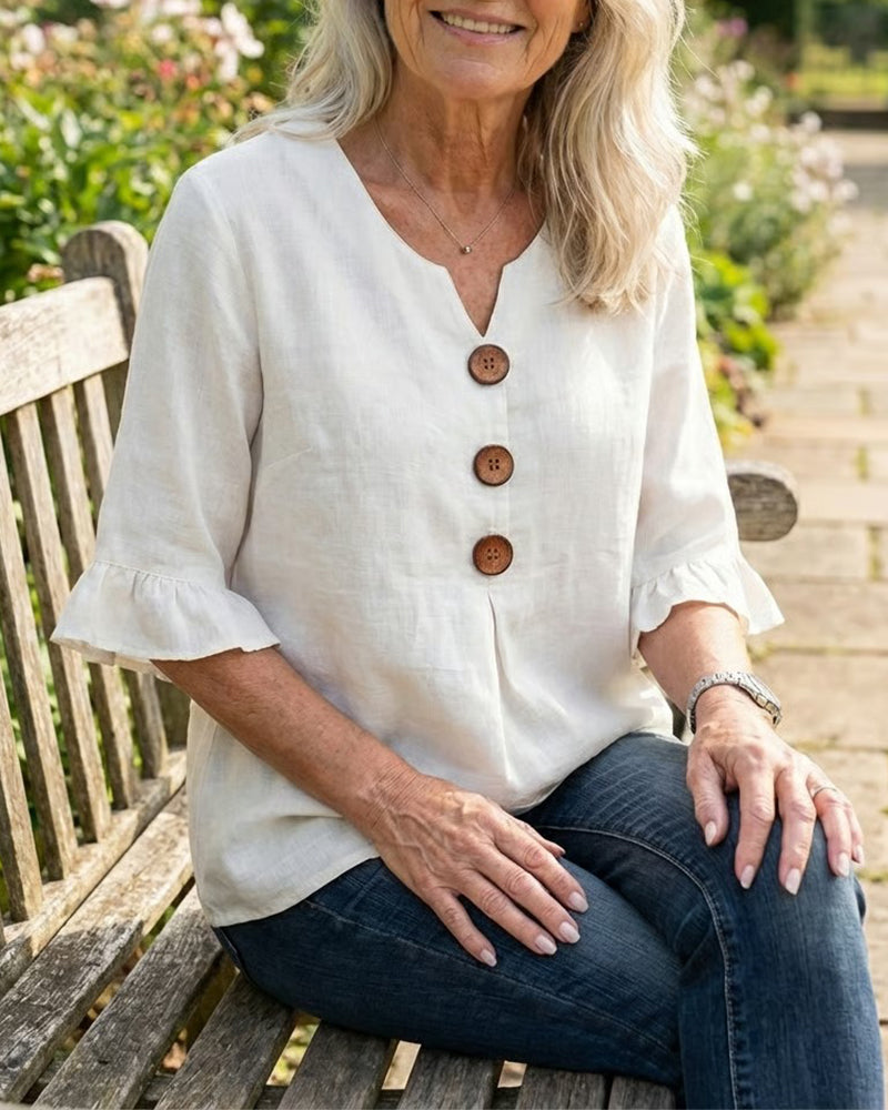 Sophia Blouses with Wooden Buttons and Ruffles