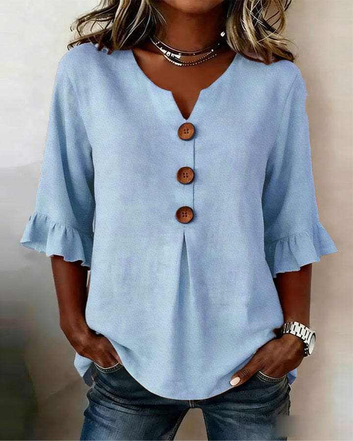 Sophia Blouses with Wooden Buttons and Ruffles
