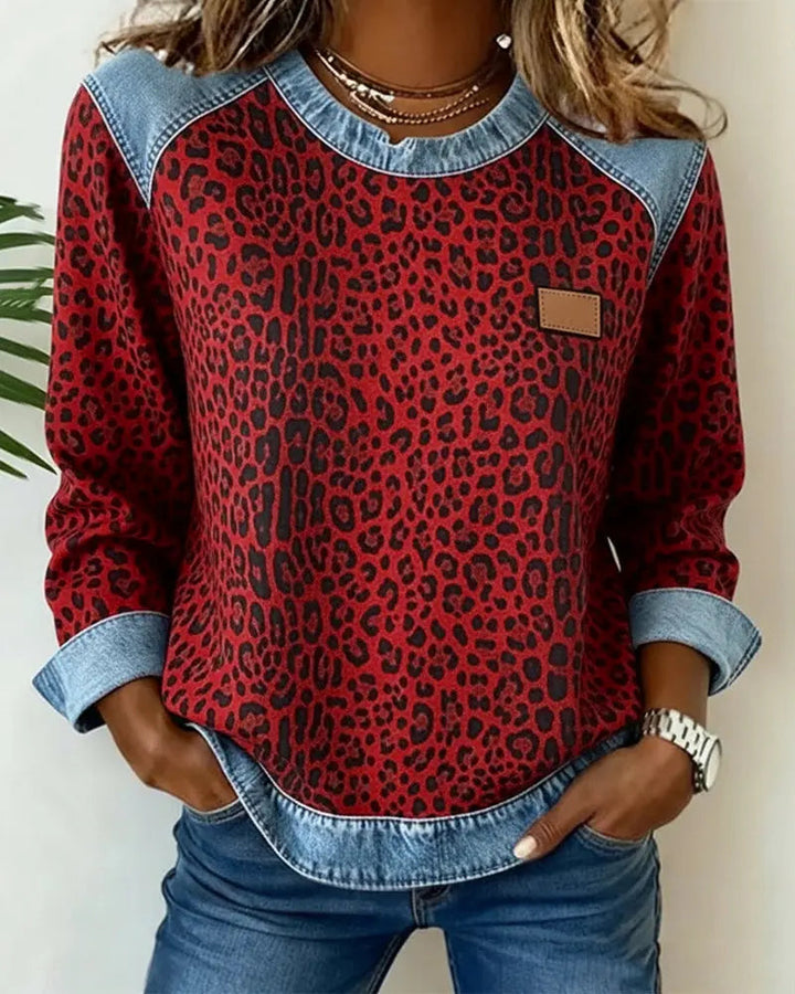 Women's Denim Patchwork Leopard Print Jumper