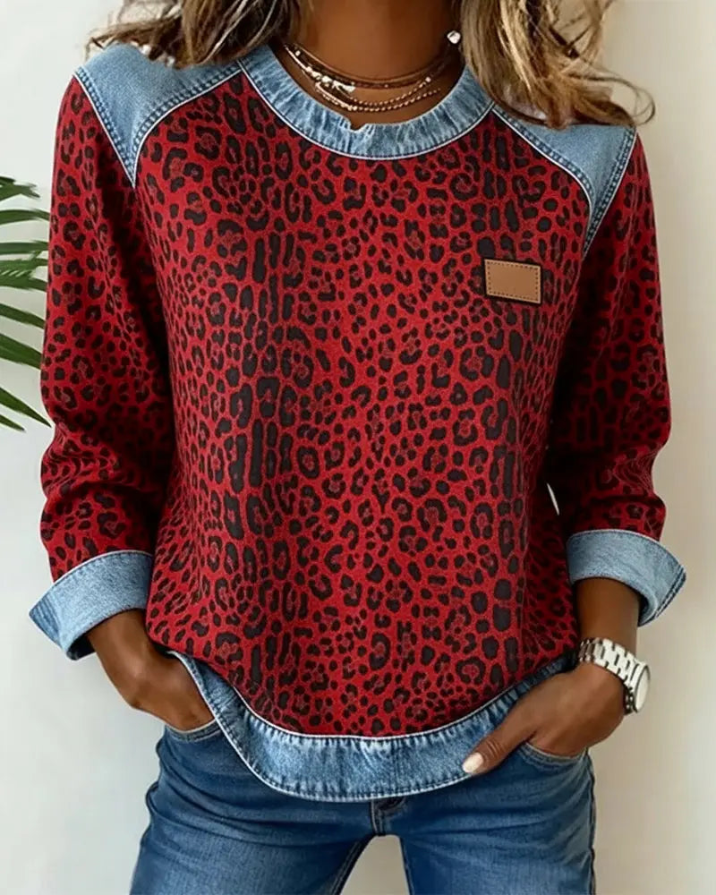 Women's Leopard Print Denim Patchwork Jumper