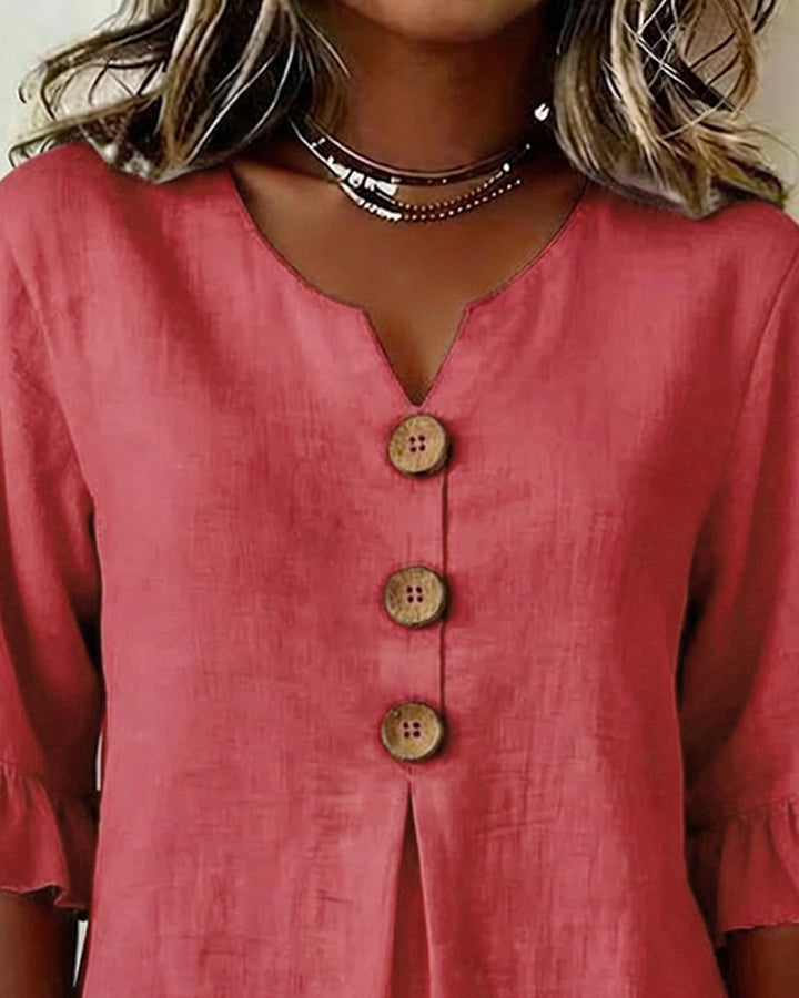 Sophia Blouses with Wooden Buttons and Ruffles