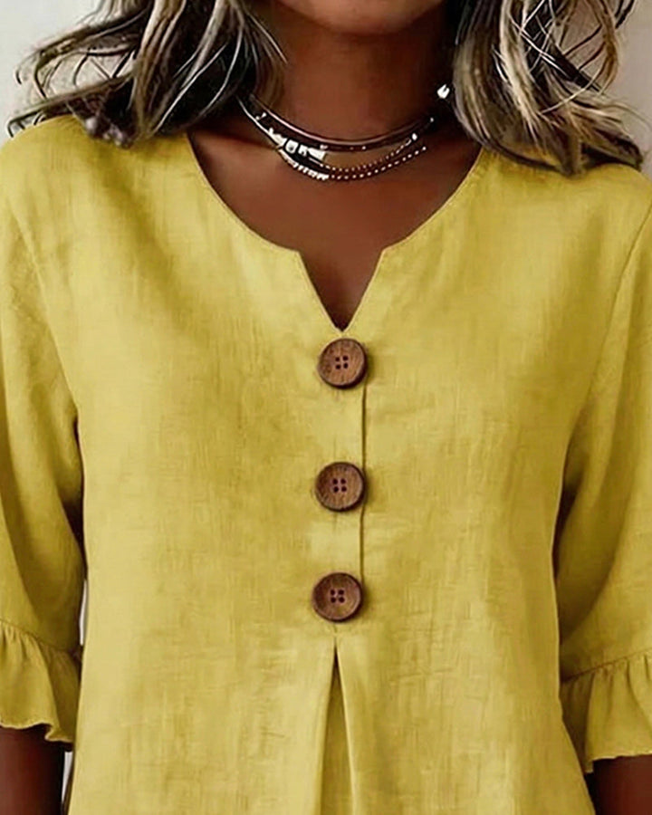 Sophia Blouses with Wooden Buttons and Ruffles
