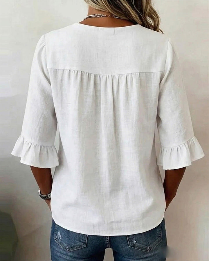 Sophia Blouses with Wooden Buttons and Ruffles
