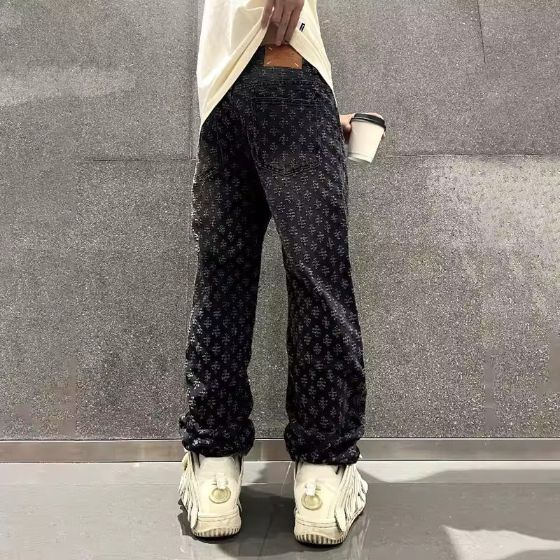 Zeydan - Jacquard Wide Leg Denim Pants