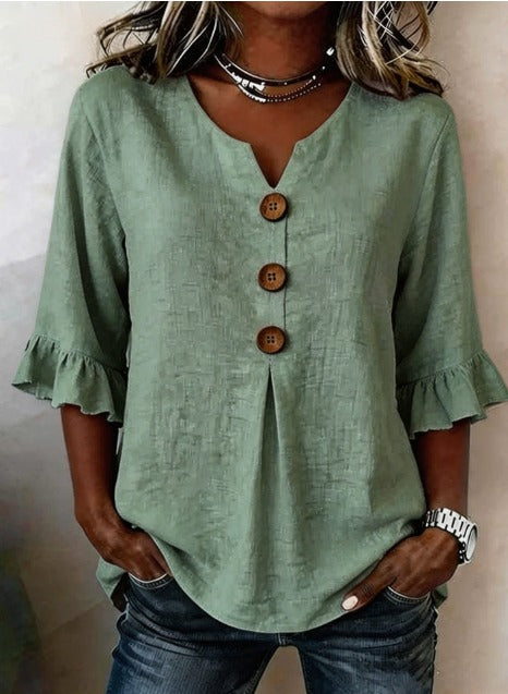Sophia Blouses with Wooden Buttons and Ruffles