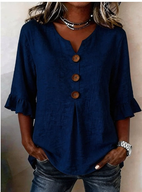 Sophia Blouses with Wooden Buttons and Ruffles