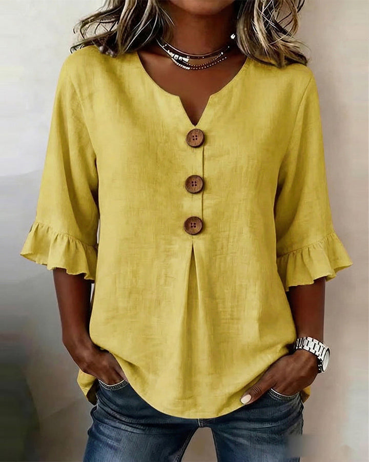 Sophia Blouses with Wooden Buttons and Ruffles