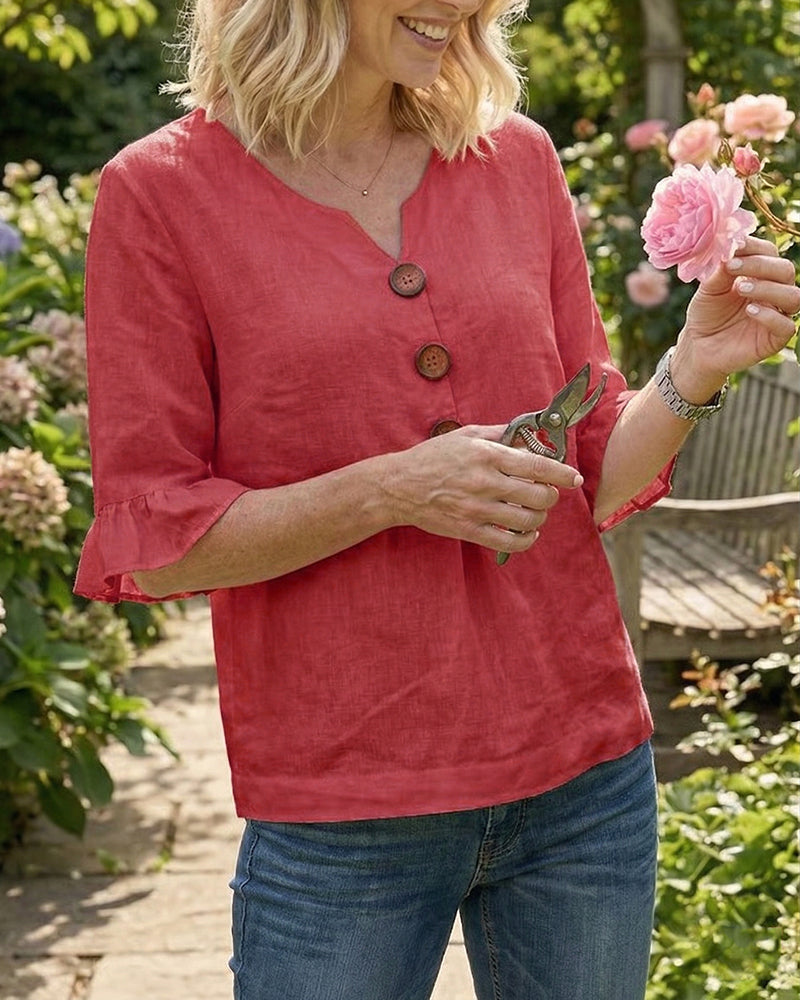 Sophia Blouses with Wooden Buttons and Ruffles