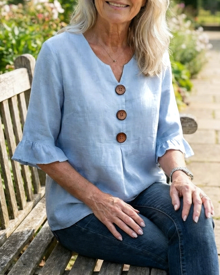 Sophia Blouses with Wooden Buttons and Ruffles