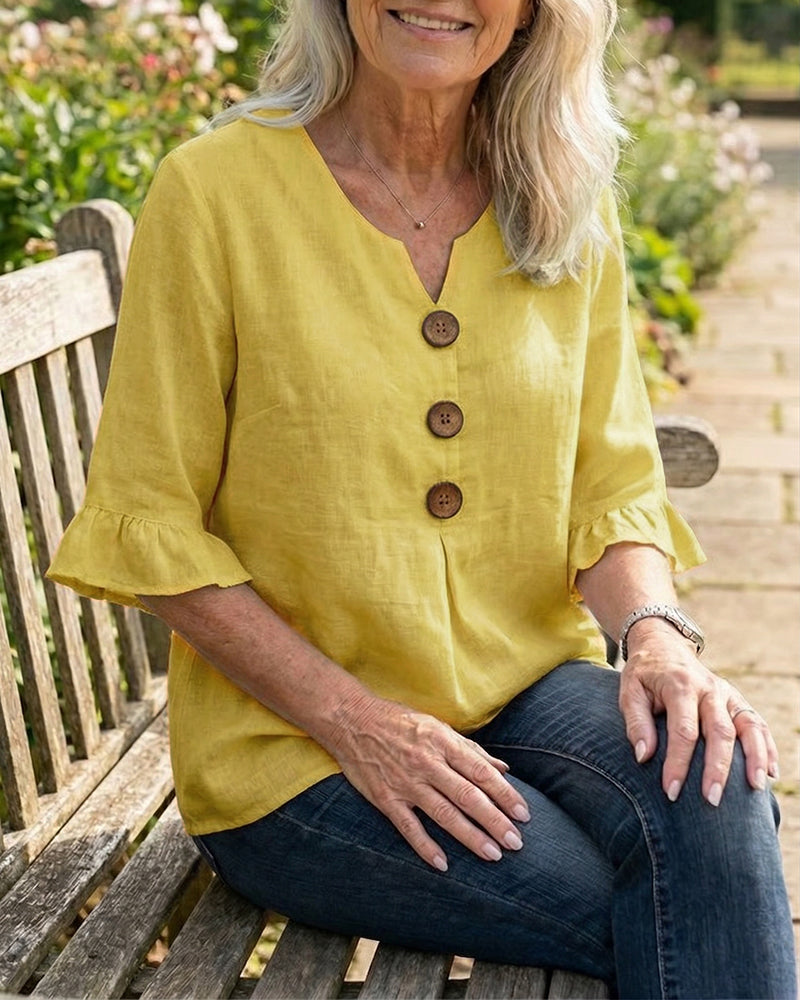 Sophia Blouses with Wooden Buttons and Ruffles