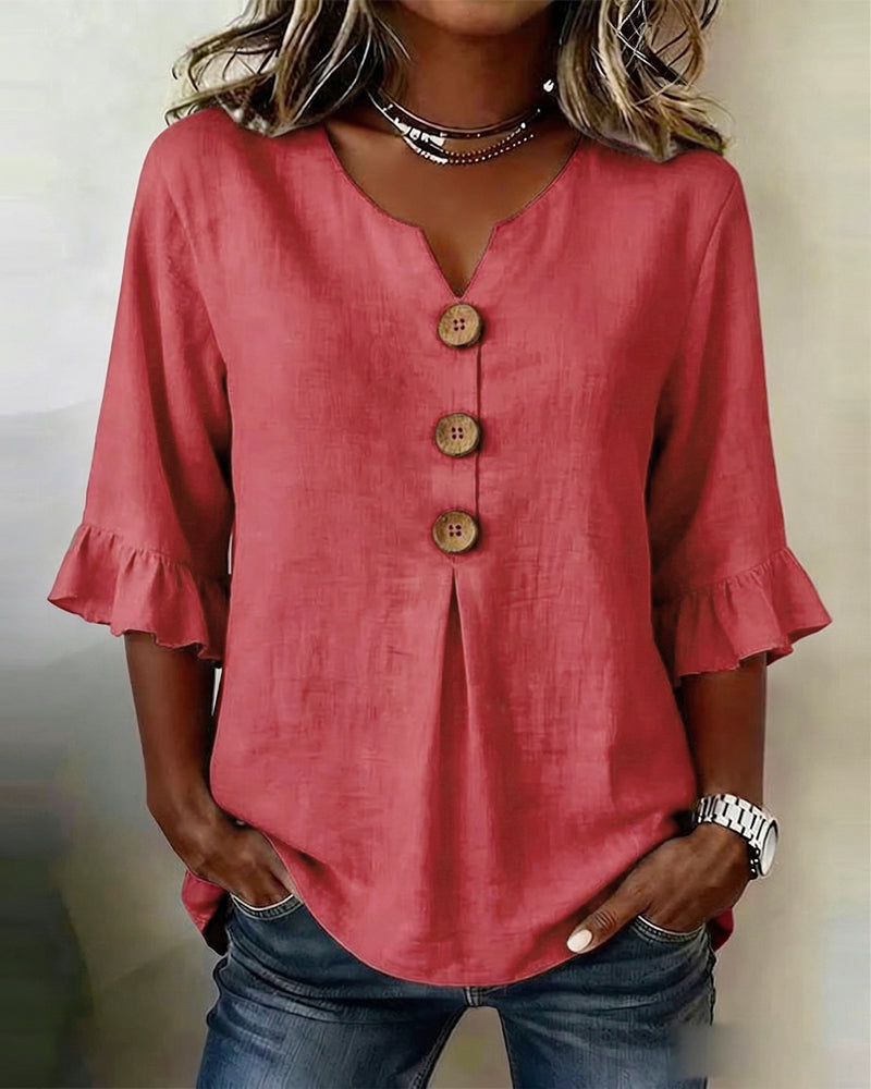 Sophia Blouses with Wooden Buttons and Ruffles