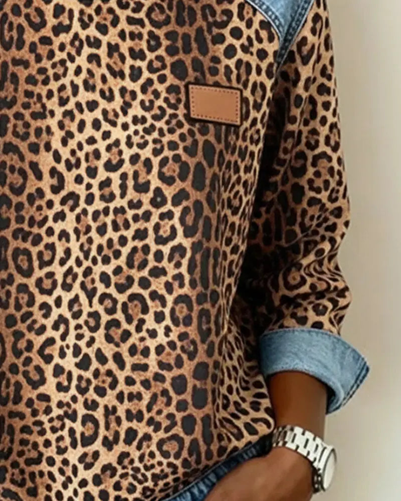 Women's Denim Patchwork Leopard Print Jumper