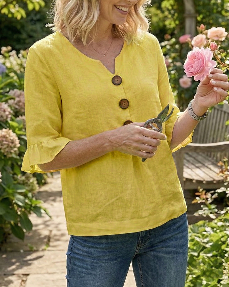Sophia Blouses with Wooden Buttons and Ruffles