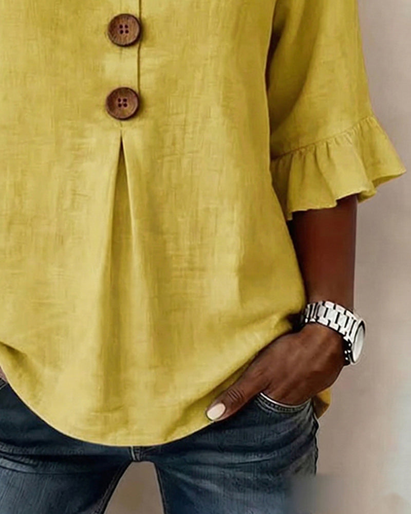 Sophia Blouses with Wooden Buttons and Ruffles