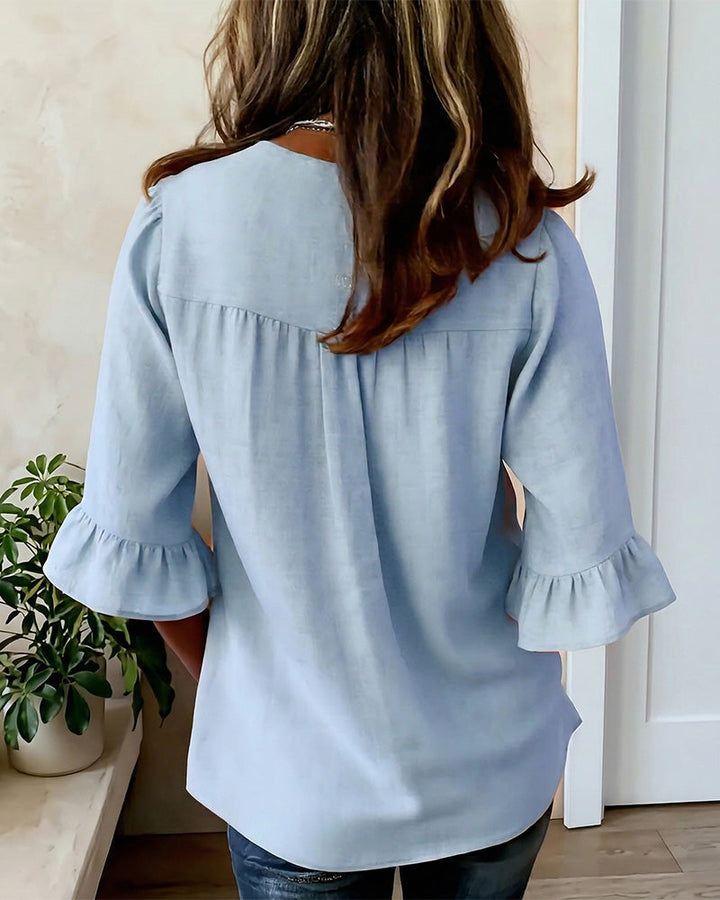 Sophia Blouses with Wooden Buttons and Ruffles