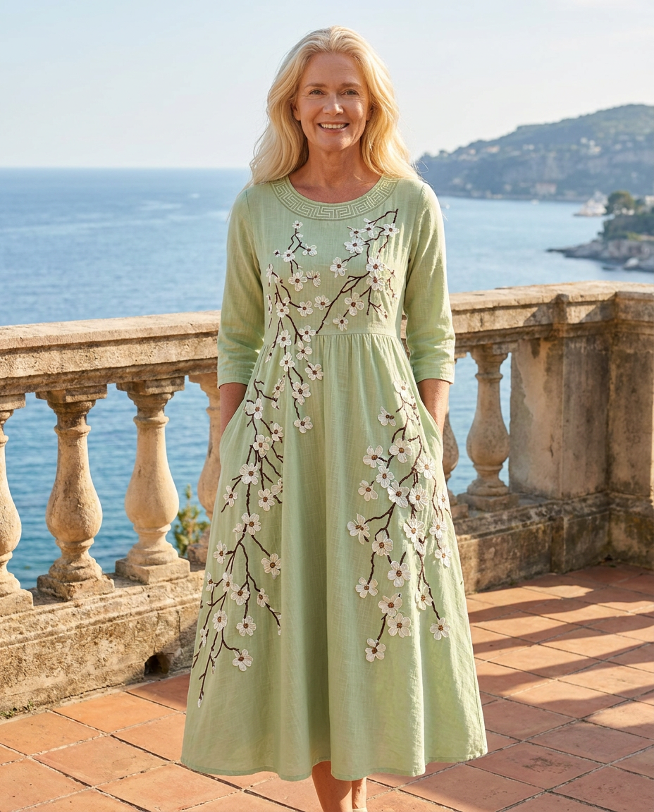 Sage Blossom Garden Pocket Midi Dress