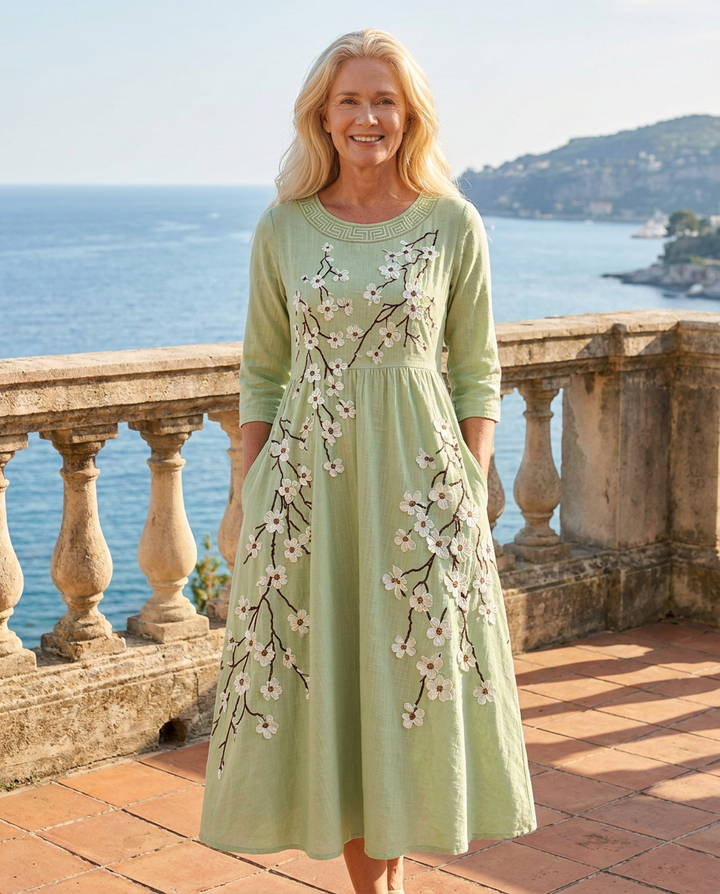 Sage Blossom Garden Pocket Midi Dress