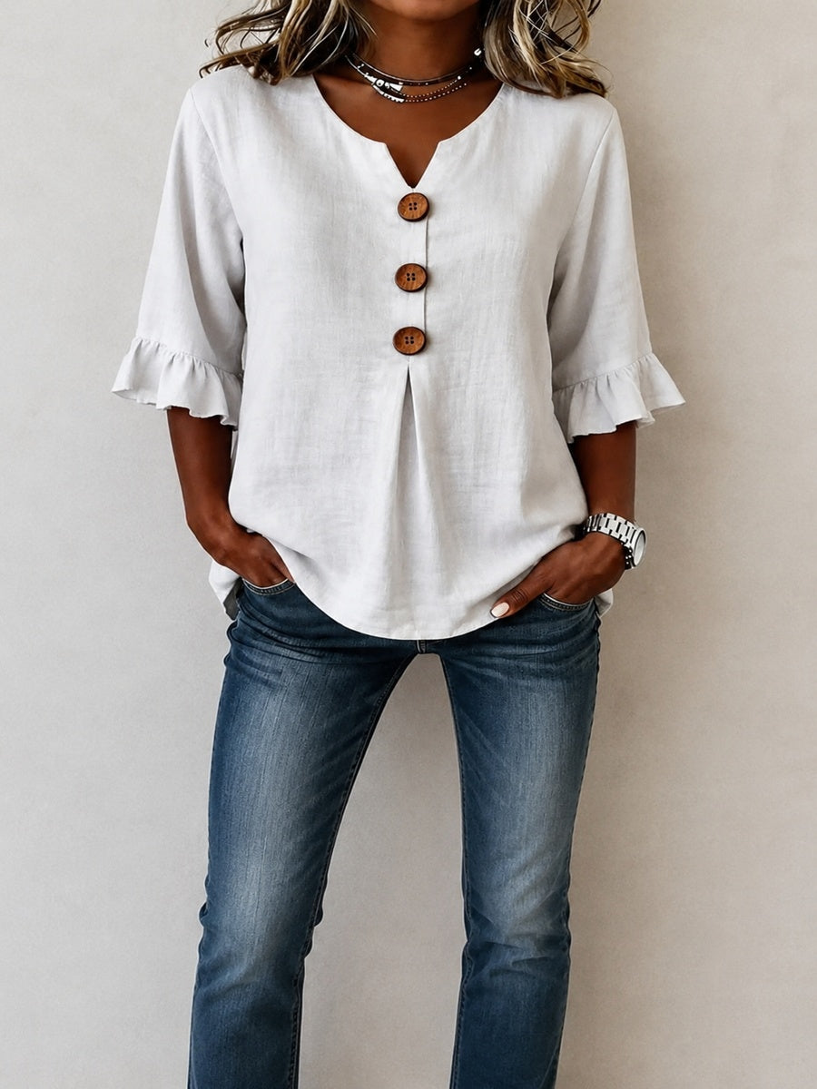Sophia Blouses with Wooden Buttons and Ruffles