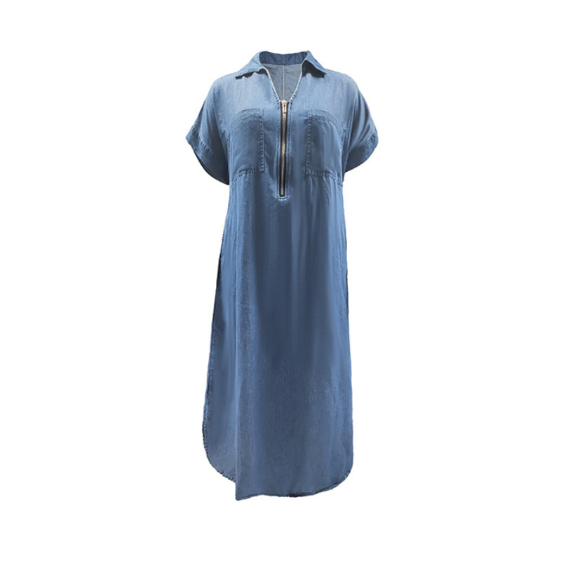 👗👖 Denim Maxi Dress with V-Neck and Zip